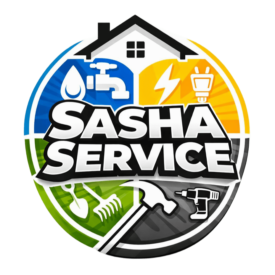 Logotipo de Sasha Service con iconos de fontanería, electricidad, jardinería y herramientas dentro de un círculo
