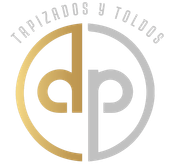 Logotipo de "Tapizados y Toldos": Círculo dividido dorado y plateado con las iniciales "dp", texto arriba.