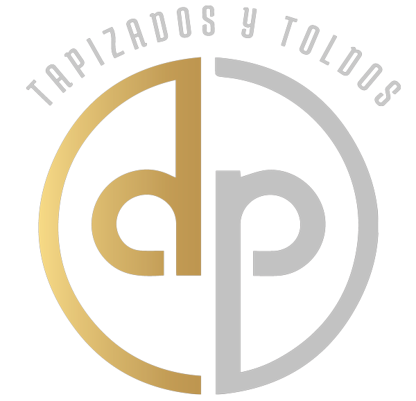 Logotipo de "Tapizados y Toldos": Círculo dividido dorado y plateado con las iniciales "dp", texto arriba.