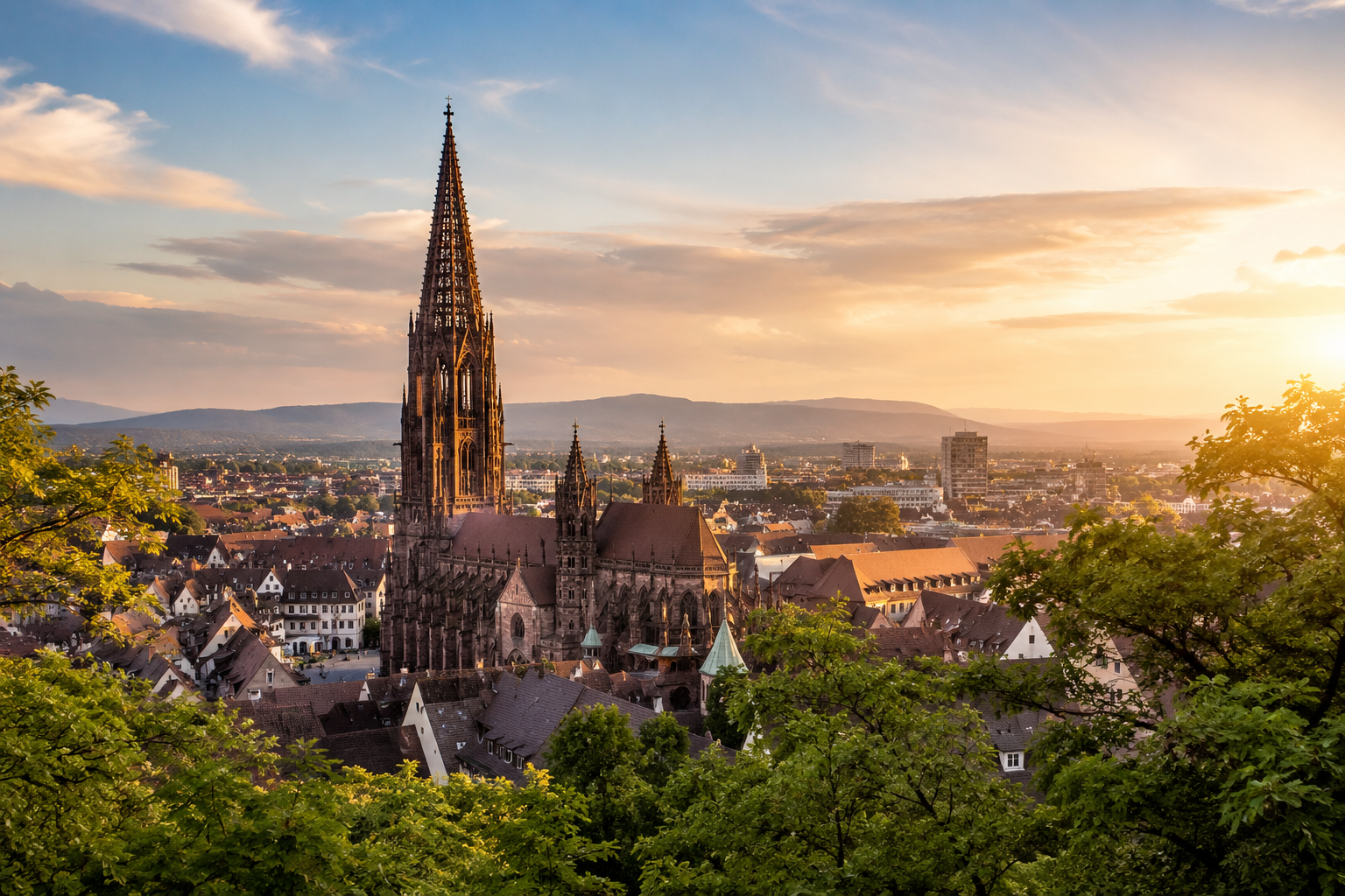 Blick auf das freiburger Münster vom Kanonenplatz.