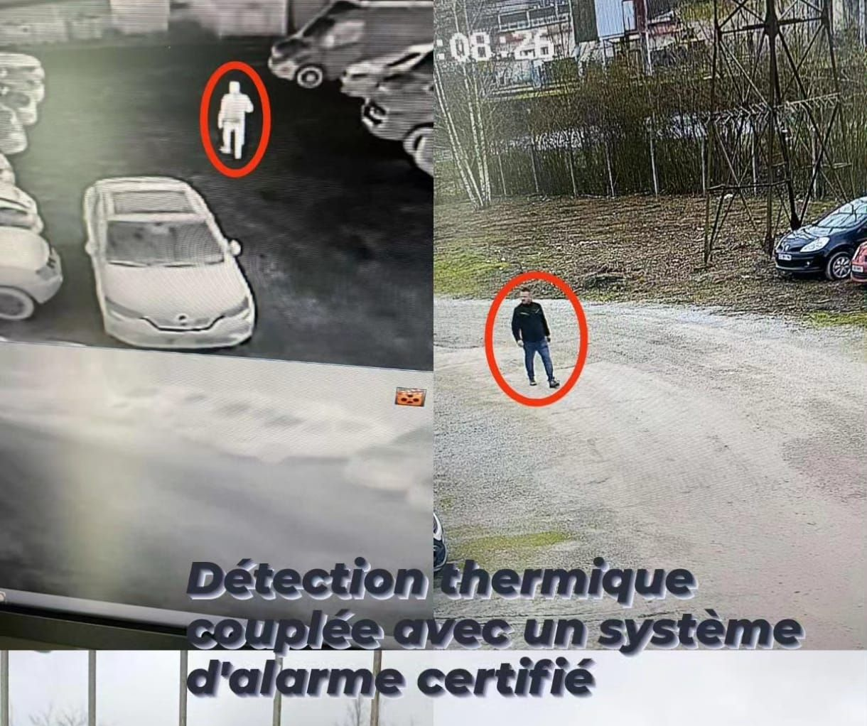 Double vue montrant une personne entourée d'un cercle rouge : vue thermique (à gauche), vue classique (à droite), sur un parking. Texte en français en bas.