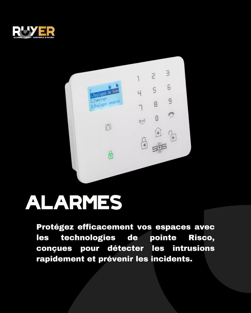 Système d'alarme avec clavier et écran sur fond noir, affichant un texte vantant ses capacités de détection d'intrusion.