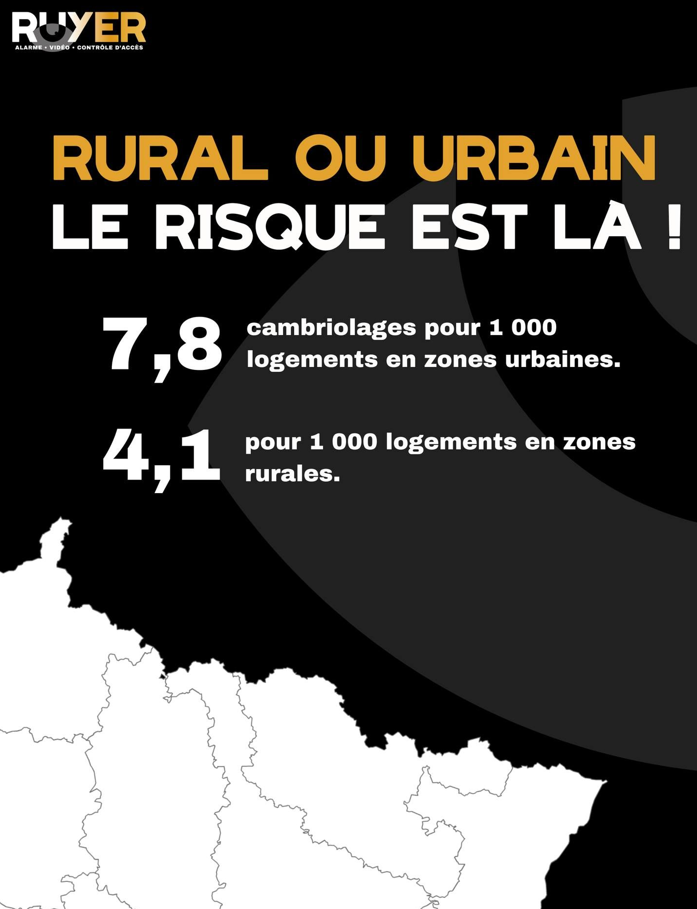 Infographie comparant les taux de cambriolage : 7,8 pour 1000 logements urbains contre 4,1 pour 1000 logements ruraux.