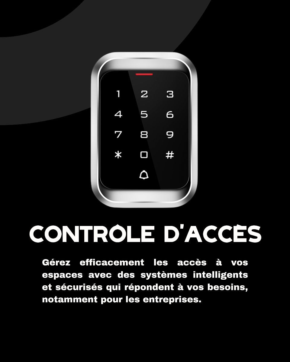 Clavier de contrôle d'accès avec cadre argenté sur fond noir. Le texte blanc présente des solutions de gestion des accès.