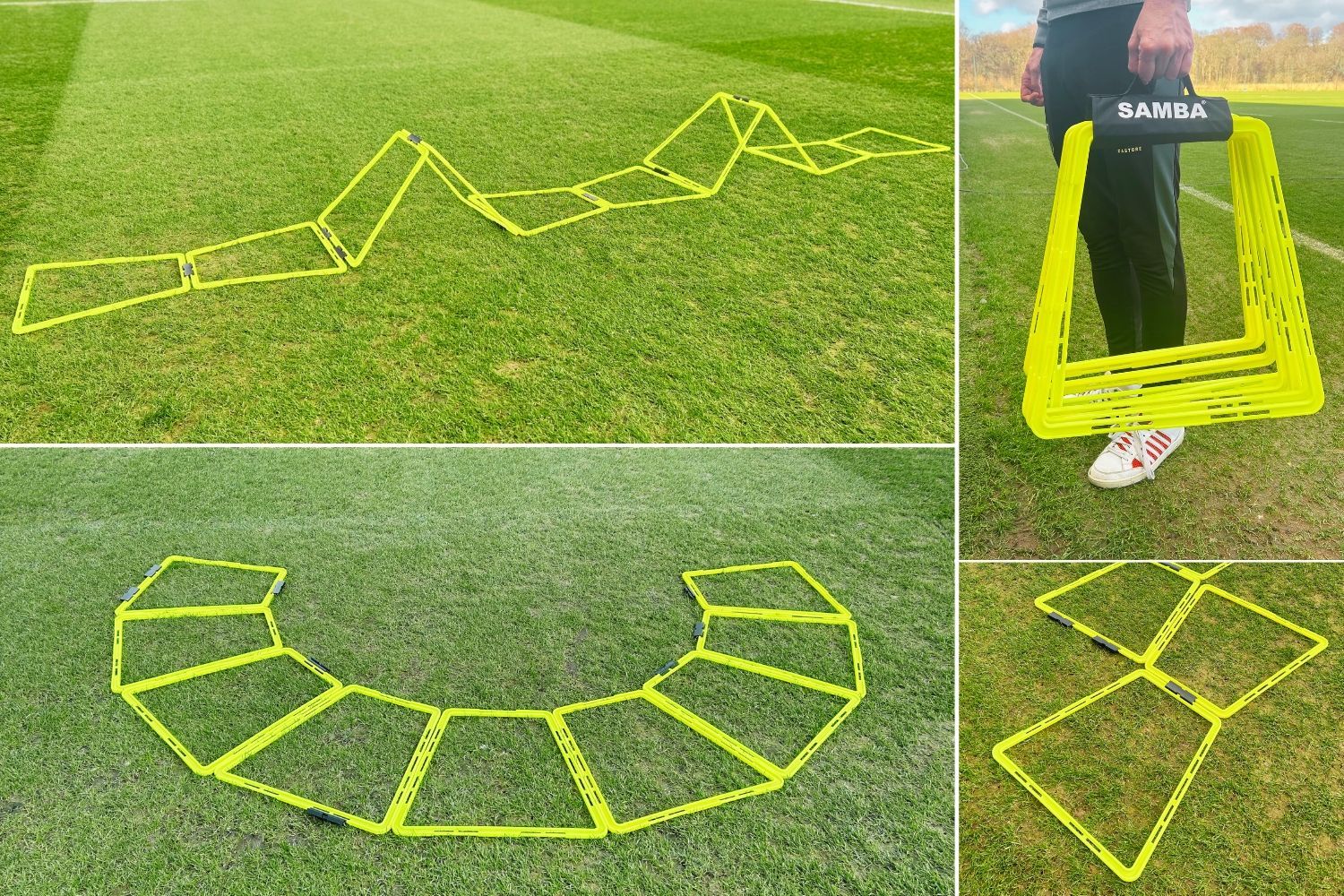 A person is holding a yellow ladder on a soccer field.