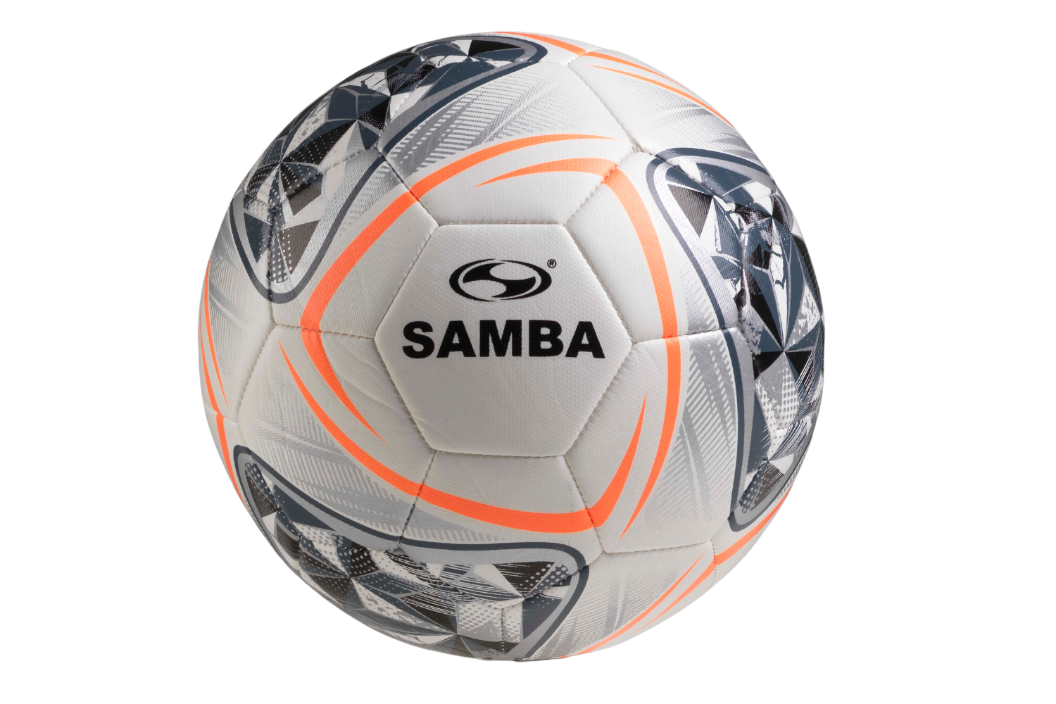 A white and orange samba soccer ball on a white background