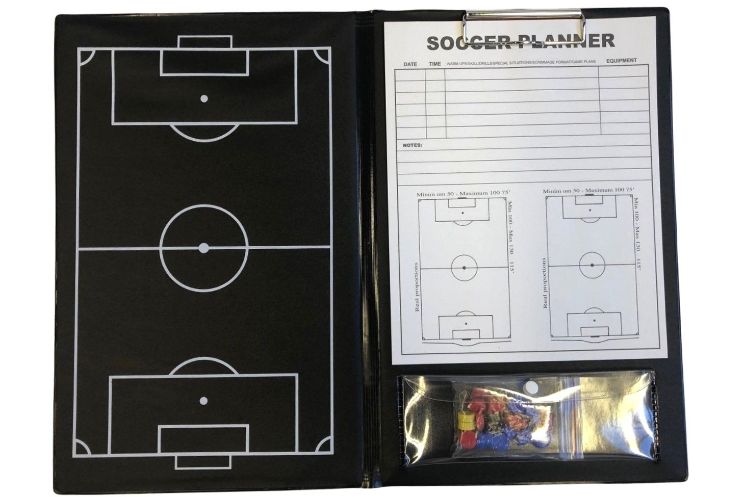 A soccer planner with a soccer field drawn on it