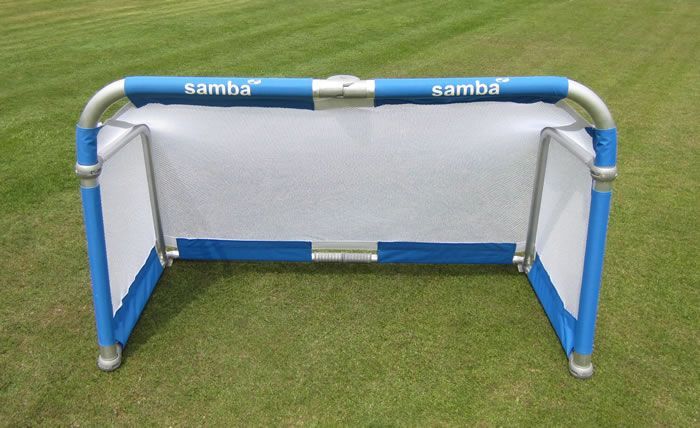 A blue and white soccer goal is sitting on top of a lush green field.