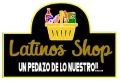 Logotipo de Latinos Shop con cesta de la compra y eslogan &ldquo;Un pedazo de lo nuestro&rdquo; sobre fondo negro.