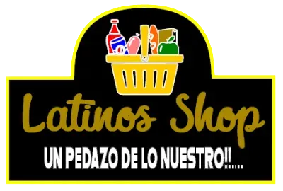 Logotipo de Latinos Shop con cesta de la compra y eslogan &ldquo;Un pedazo de lo nuestro&rdquo; sobre fondo negro.