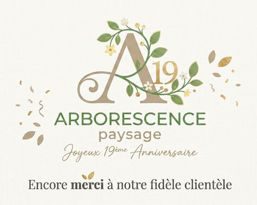 Logo paysagiste ARBORESCENCE avec un arbre vert, des fleurs et le mot AVREL sur fond blanc