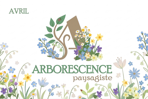 Logo paysagiste ARBORESCENCE avec un arbre vert, des fleurs et le mot AVREL sur fond blanc