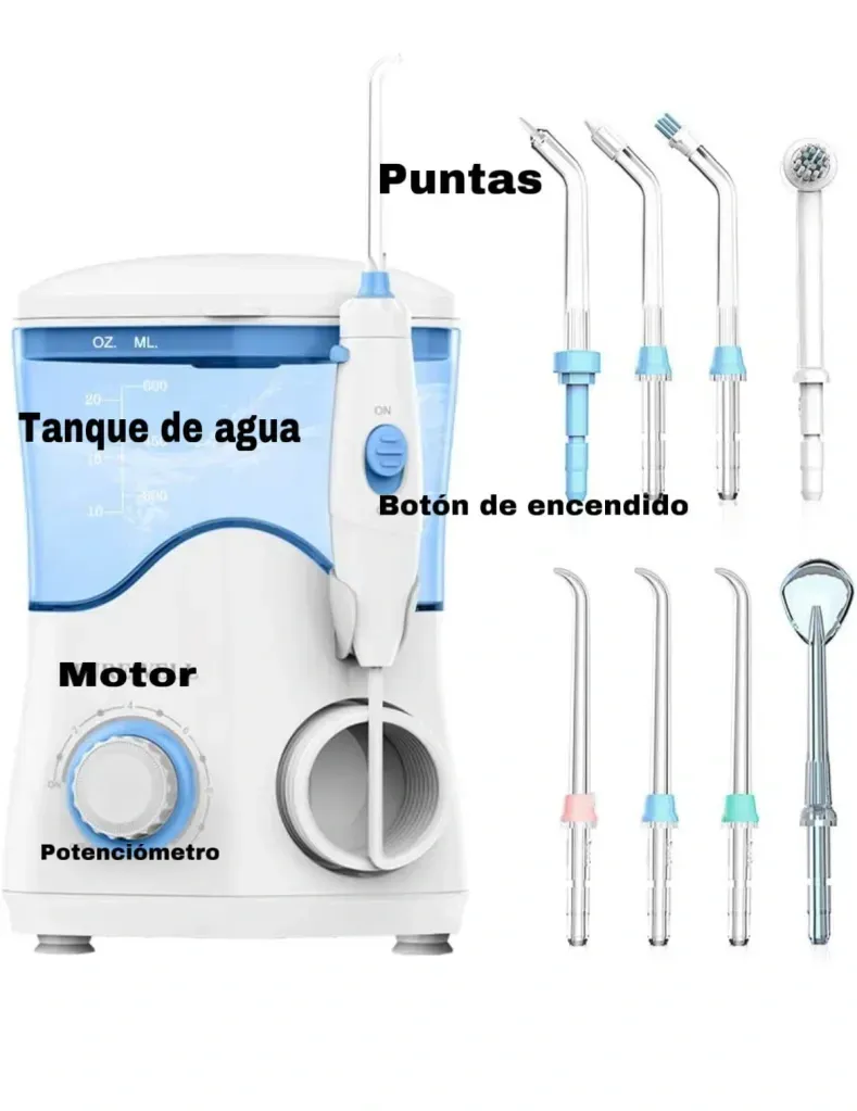 Irrigador bucal eléctrico con varias boquillas para la limpieza dental. Incluye tanque, motor y botón de encendido/apagado.