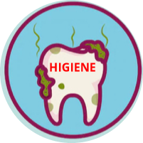 Diente de caricatura cubierto de restos verdes, con la palabra 