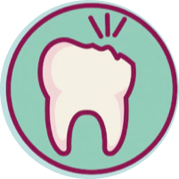 Ícono de diente roto en un círculo verde azulado, delineado en rosa.