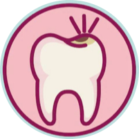 Diente con cavidad, emitiendo rayos, en un círculo rosa.