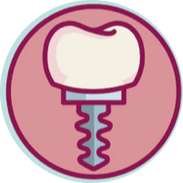 Ilustración de implante dental en un marco circular rosa y azul.