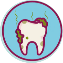 Diente de dibujos animados con caries y mal aliento, en un círculo azul y morado.