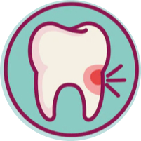 Diente de dibujos animados con área roja que indica dolor.