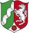 Wappen von NRW | grüne Hälfte mit weißem Wellenstreifen und rote mit Pferd und unten drunter eine kleine rote Rose.