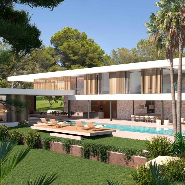 Impresión artística de una casa moderna con piscina.
