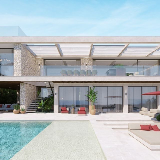 Impresión artística de una casa grande con piscina.
