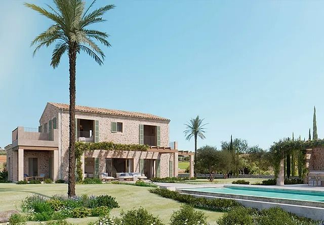 Impresión artística de una casa con piscina y palmeras.