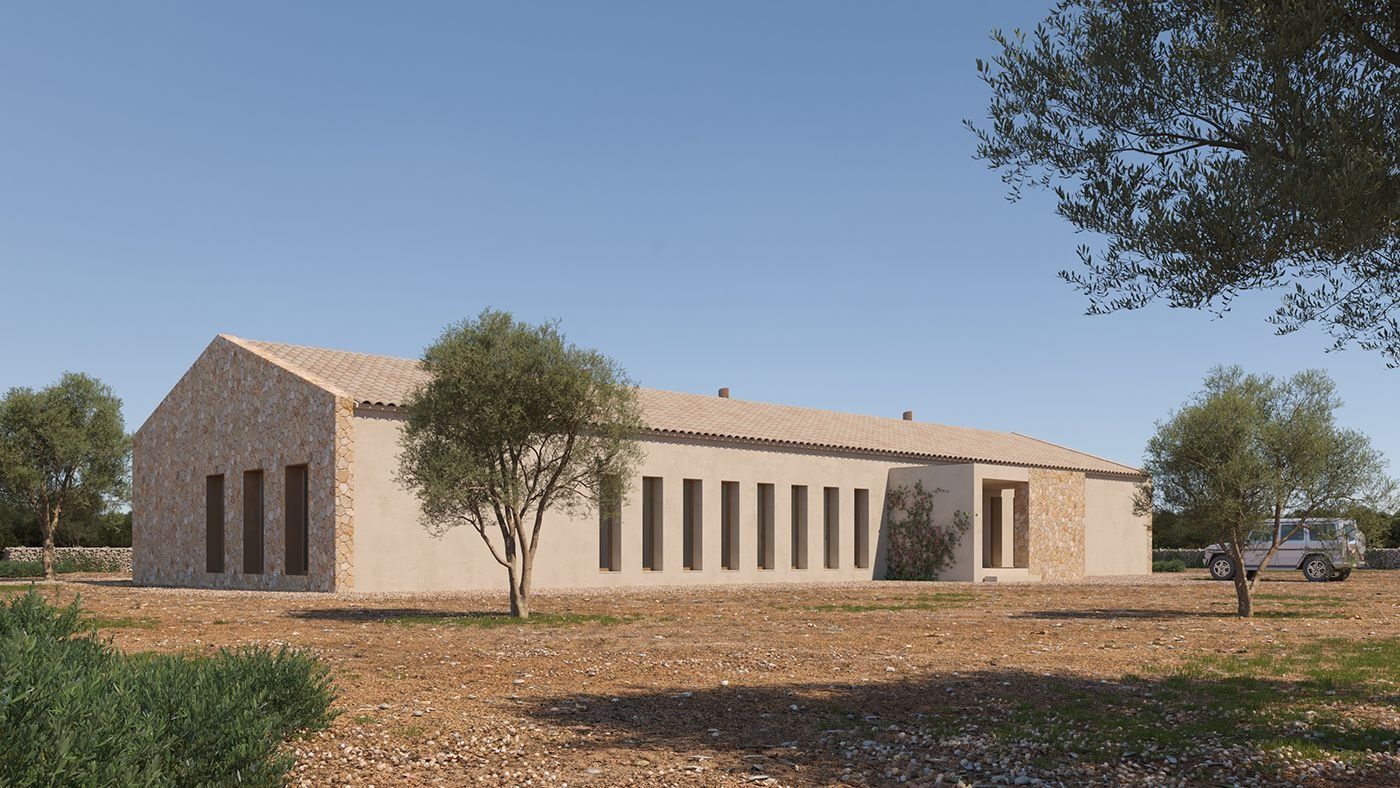 Impresión artística de una casa en medio de un campo rodeada de árboles.