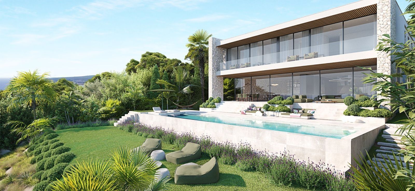 Impresión artística de una casa grande con piscina en el patio trasero.