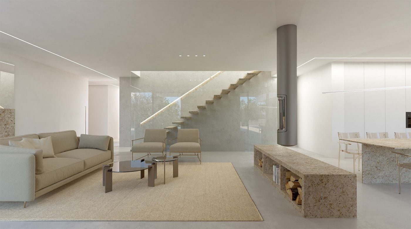 Una sala de estar con sofá, sillas, mesa de café y escaleras.