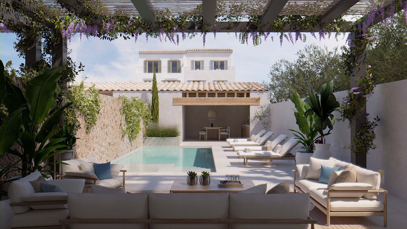 Una sala de estar con sofá, sillas y una piscina.