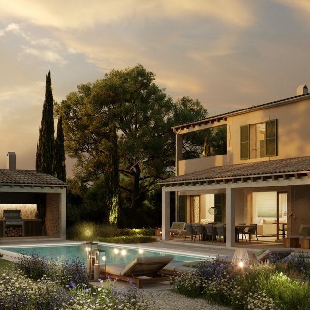 Impresión artística de una casa con piscina.