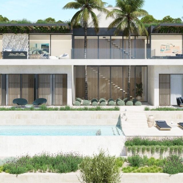 Una casa grande con piscina y palmeras.