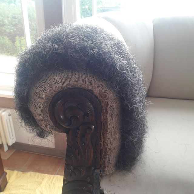 Eine Nahaufnahme einer Sofalehne mit vielen Haaren darauf.