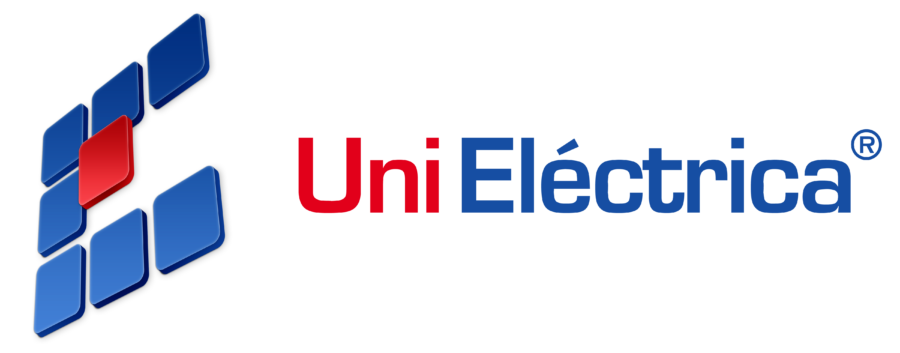 Logotipo de Uni Eléctrica: Patrón cuadrado azul y rojo con el nombre de la empresa en rojo y azul.