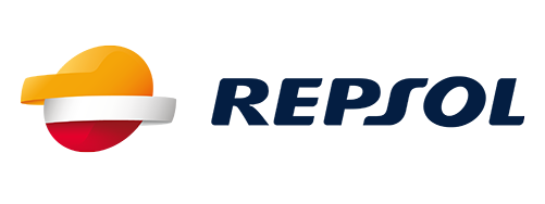 Logotipo de Repsol: forma abstracta naranja y blanca sobre una forma roja, con el texto