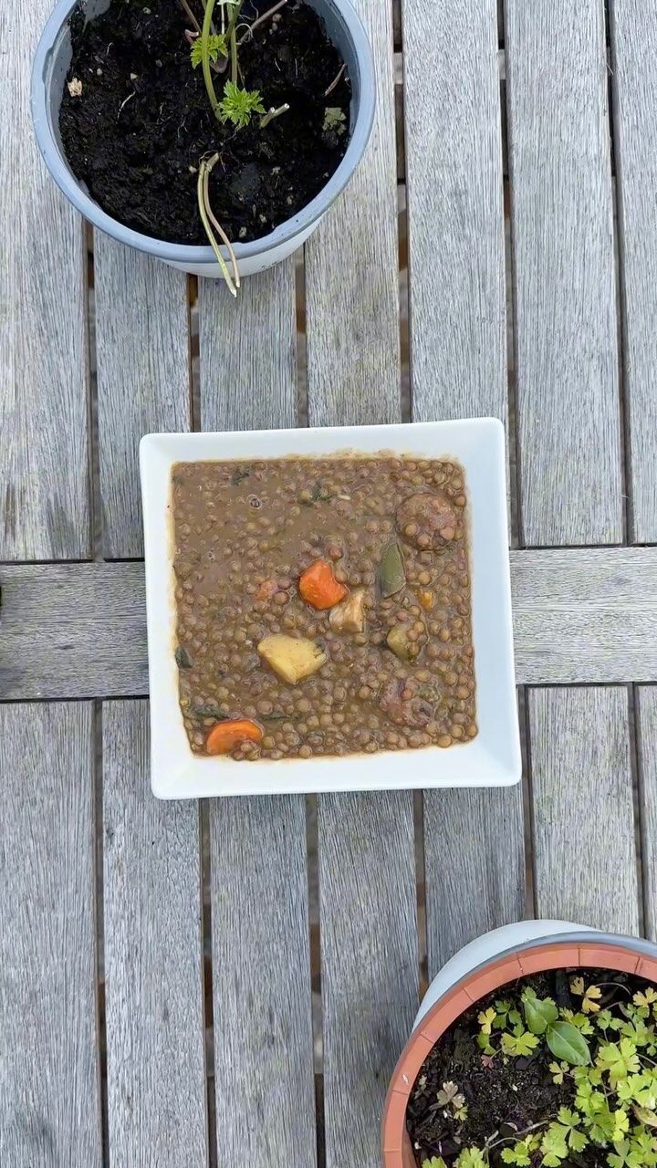 Un tazón de sopa está sobre una mesa de madera al lado de plantas en macetas.