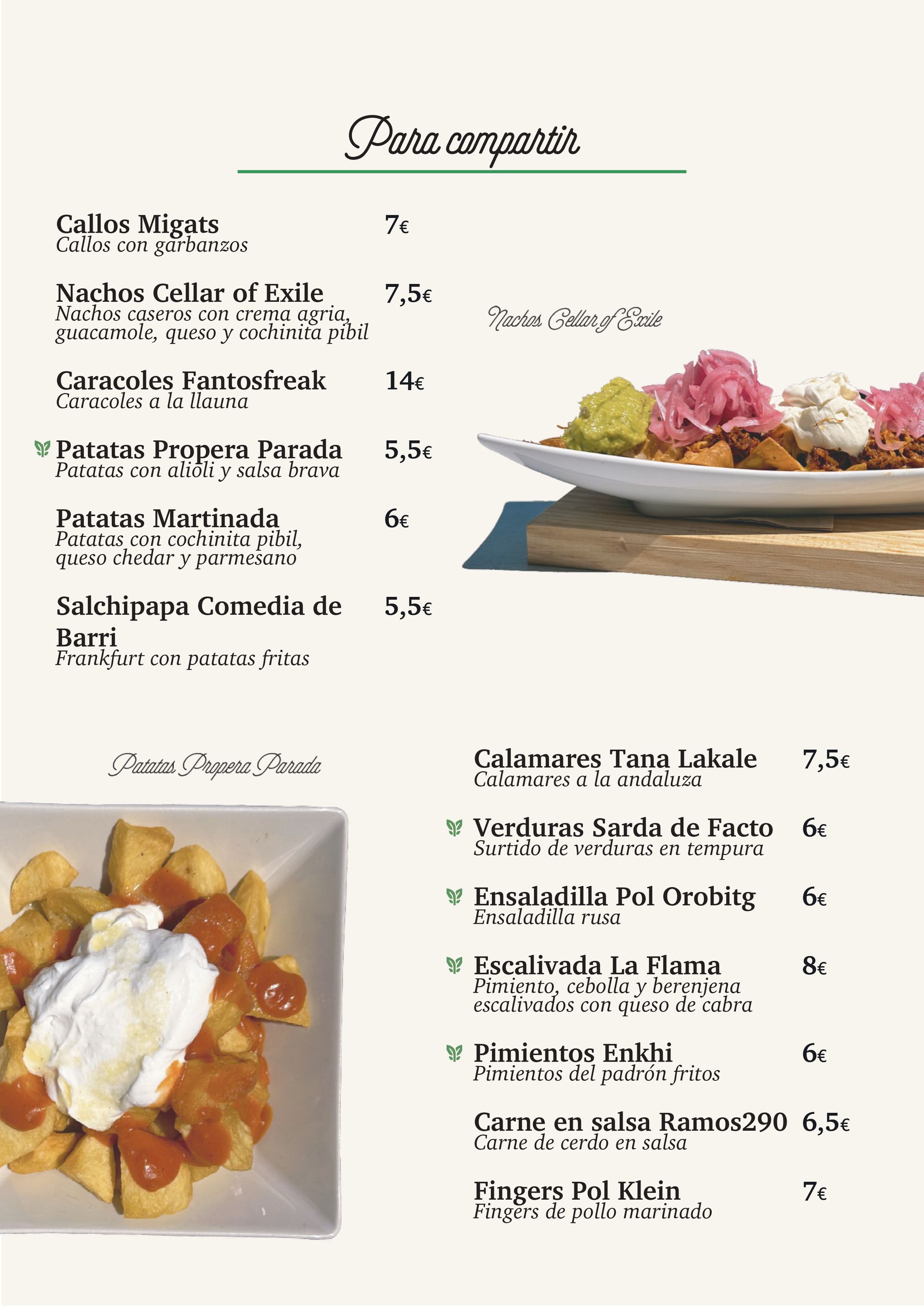 Un menú de un restaurante con un plato de comida encima.