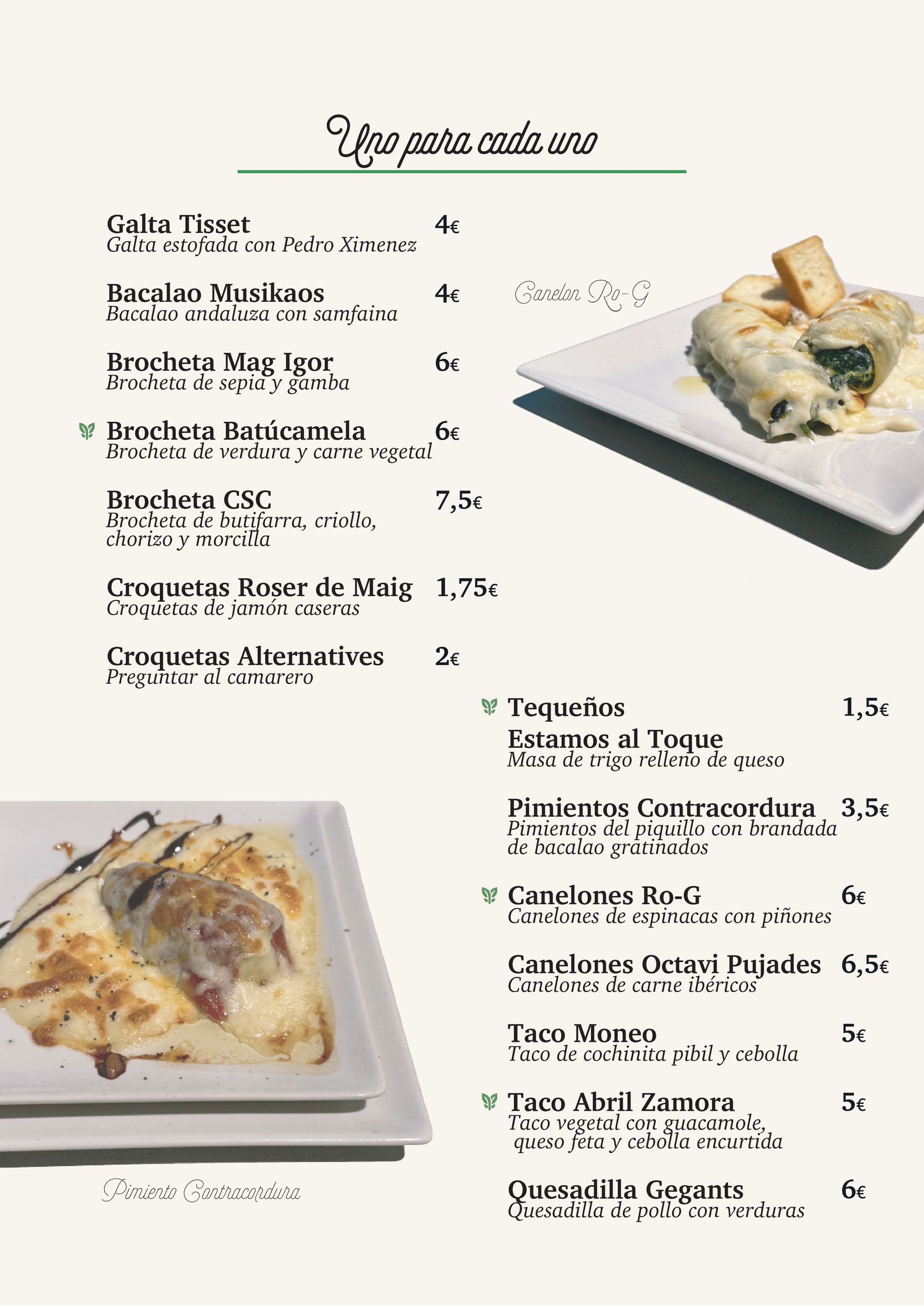 Un menú para un restaurante con dos platos de comida.