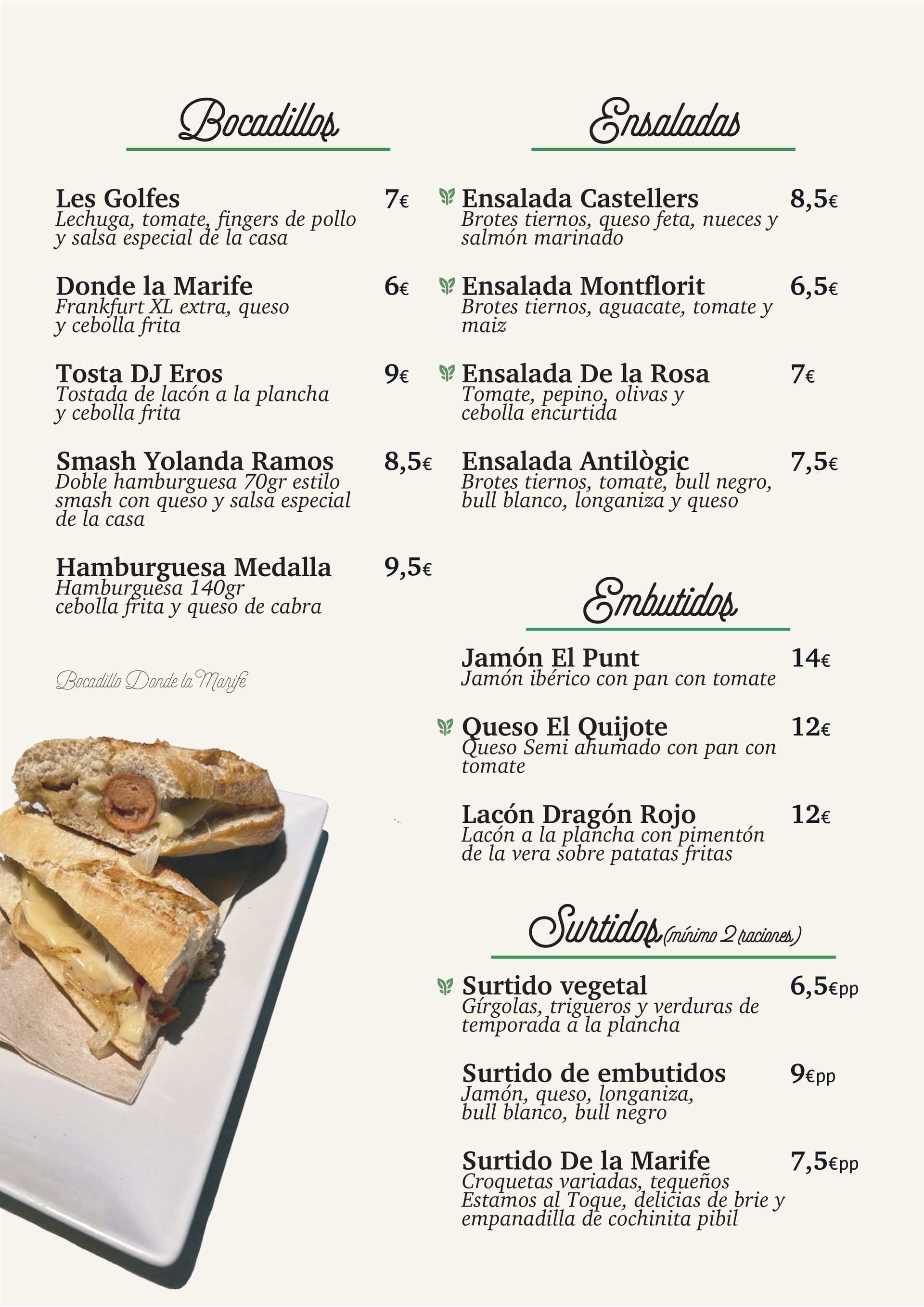 Un menú para un restaurante con una imagen de un sándwich en un plato.
