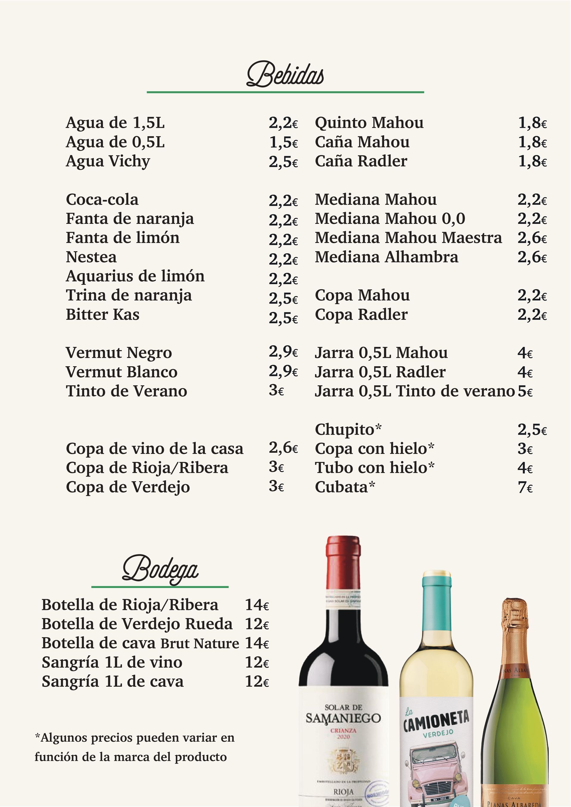 Un menú de un restaurante con tres botellas de vino.