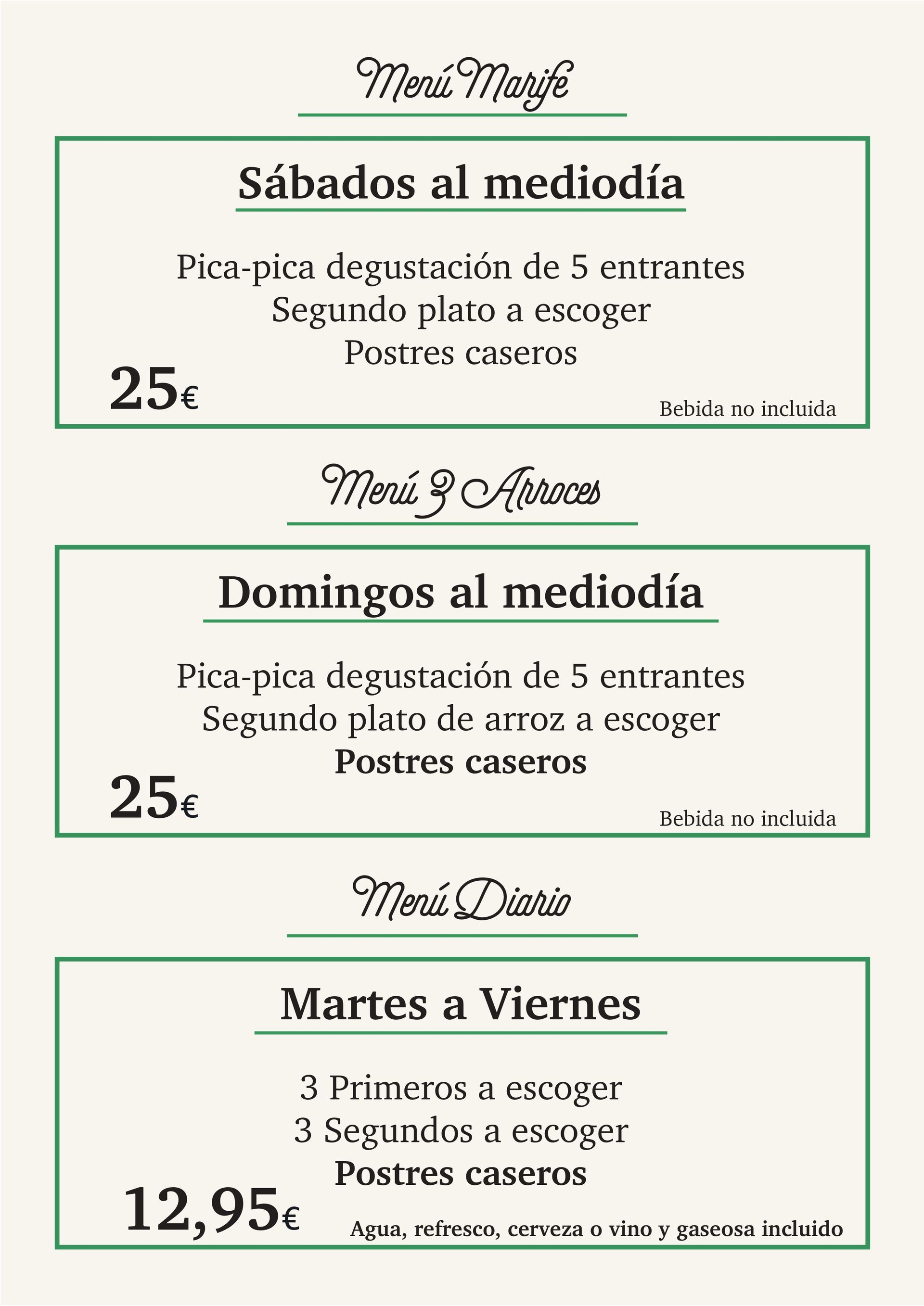 Se muestra un menú de un restaurante en español.