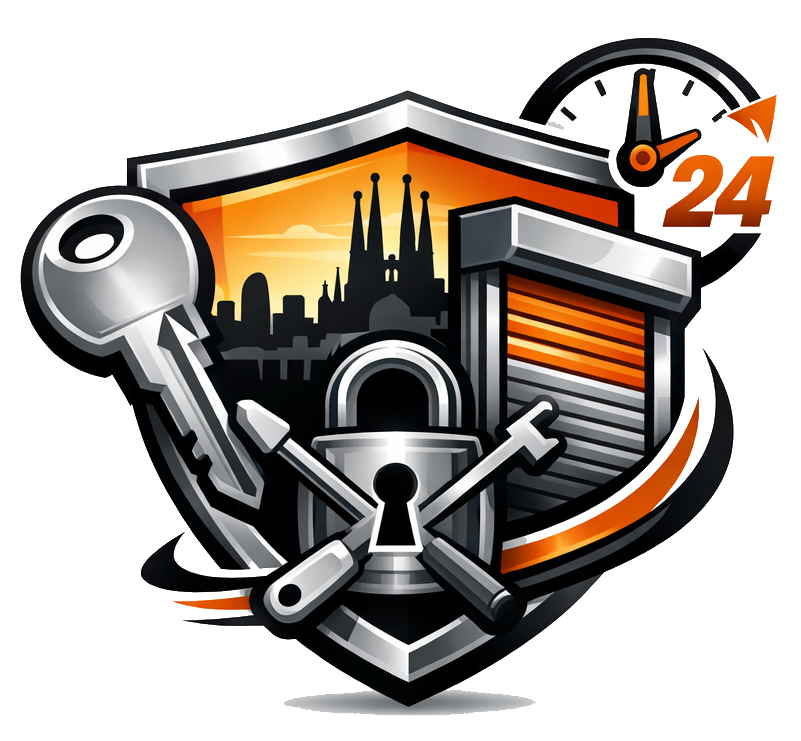 Logotipo de escudo con llave, candado, llave inglesa, puerta de servidor, silueta de horizonte y icono de reloj naranja de 24 horas