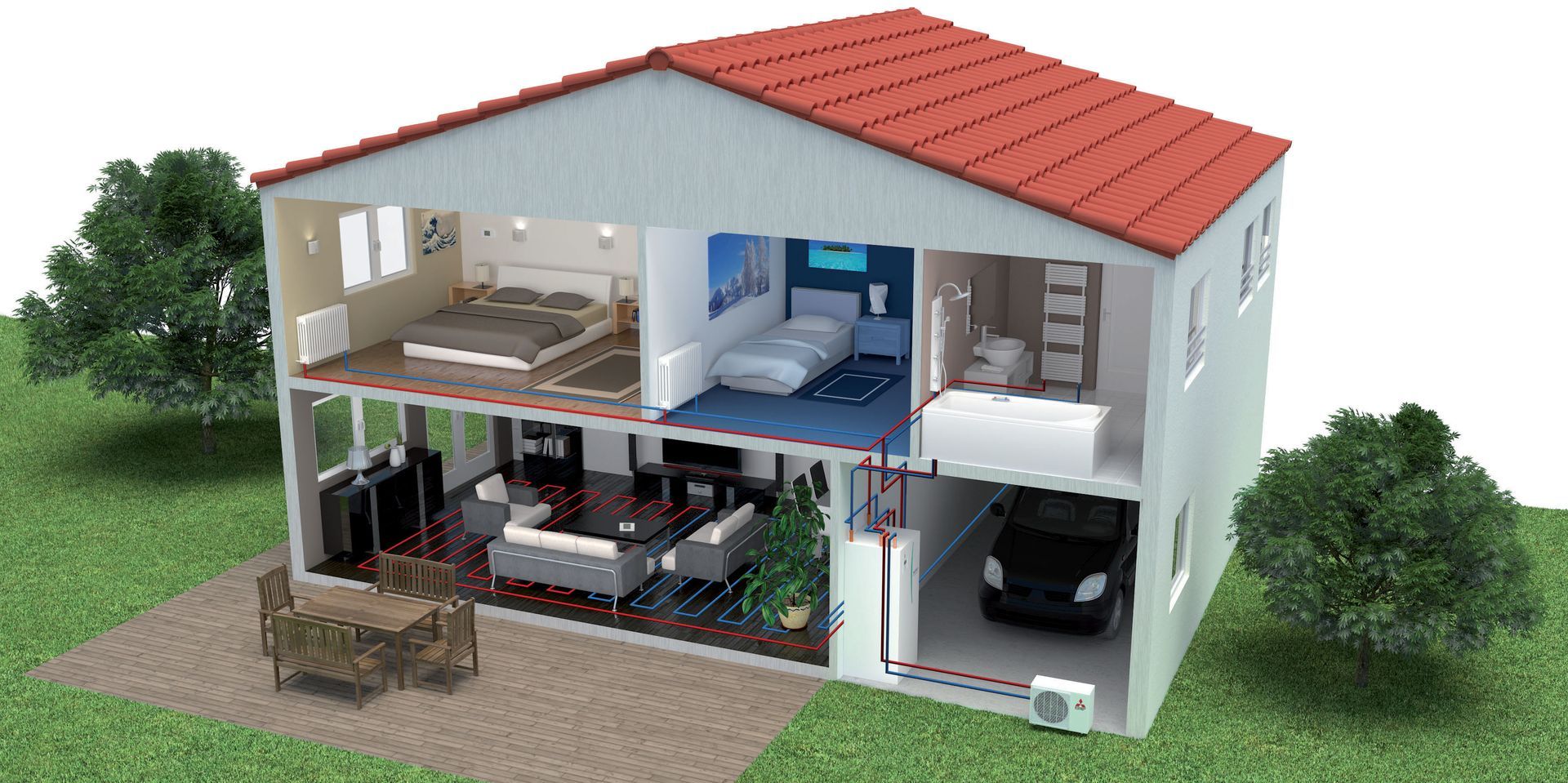 Visuel 3d d'une maison avec le système de chauffage entier