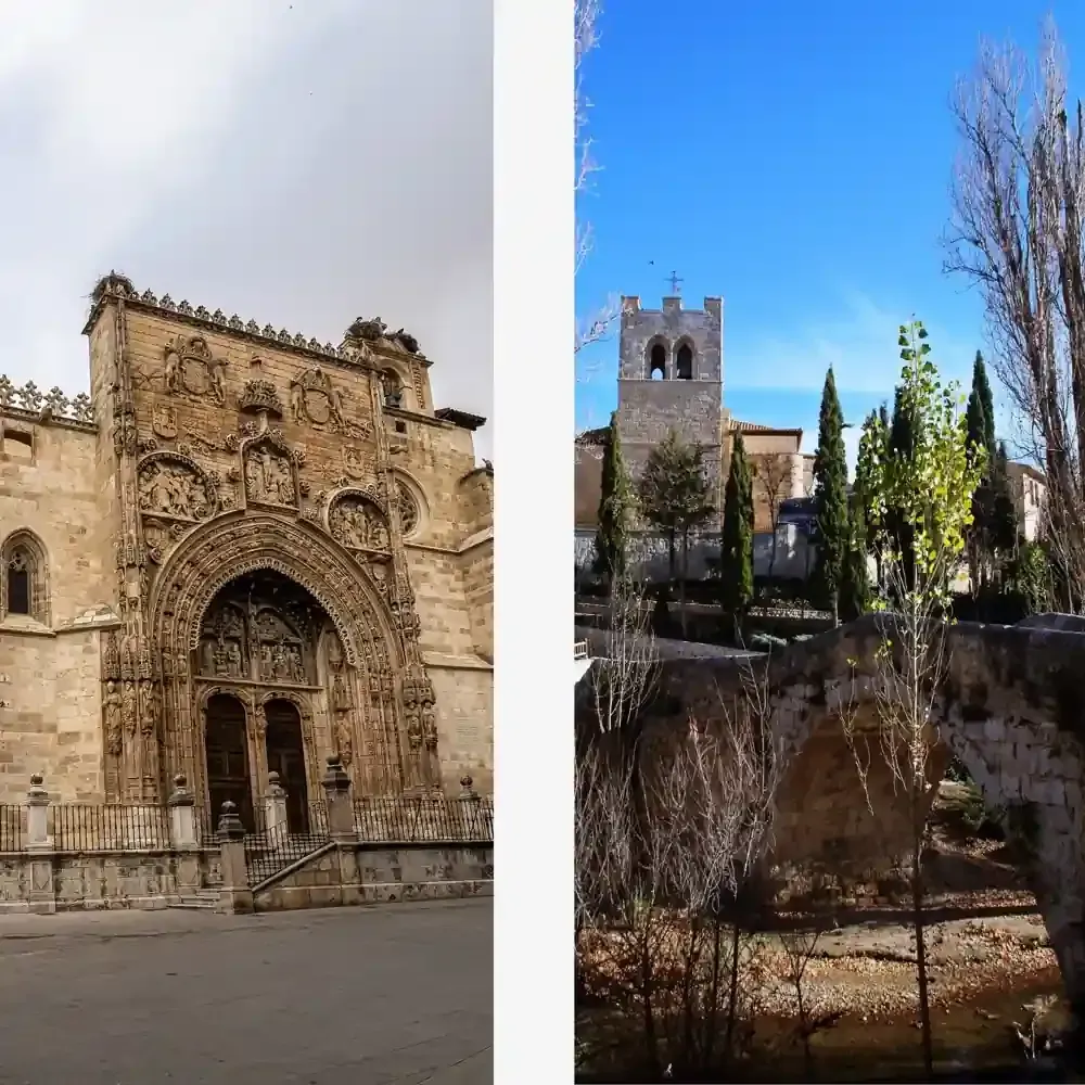 Izquierda: Fachada de iglesia de piedra ornamentada. Derecha: Iglesia con campanario, árboles y puente.