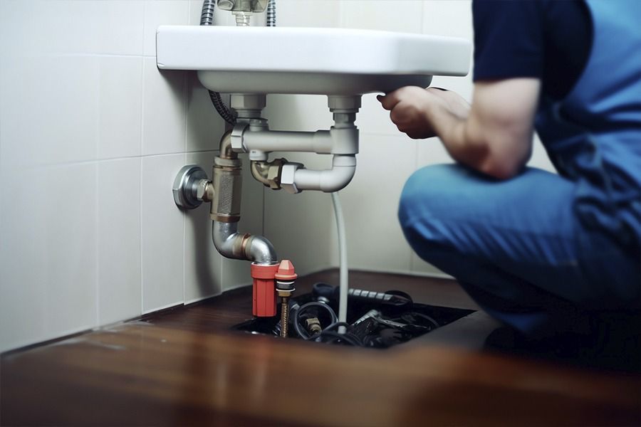 Un fontanero está arreglando un lavabo en un baño.