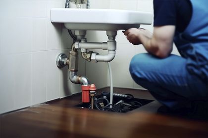 Un fontanero está arreglando un lavabo en un baño.
