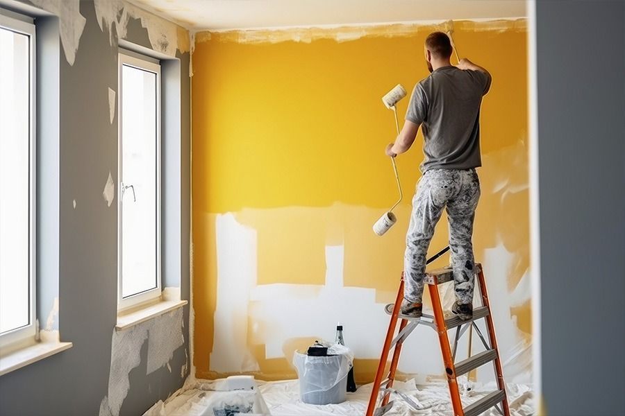 Un hombre está de pie en una escalera pintando una pared.