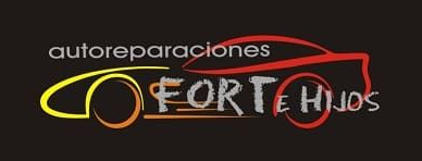 Logotipo para taller mec&aacute;nico: fondo negro con la palabra "autoreparaciones", la imagen de un coche y el texto "FORTE HIJOS".