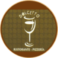 El logotipo de la pizzería Dolcetto Ristorante tiene una copa de vino.